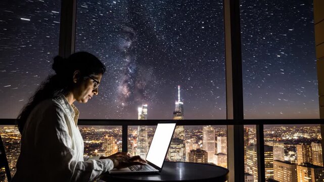 Woman focusing on her laptop, working late at night in a high-rise office or apartment, with a vibrant metropolitan city skyline and a star-filled sky in the background