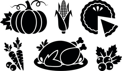 Thanksgiving harvest icons with pumpkin corn carrot turkey pie and berries vector illustration