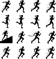 Black Silhouette of 12 Dynamic Running Styles – High Detail Athletic Motion on White Background