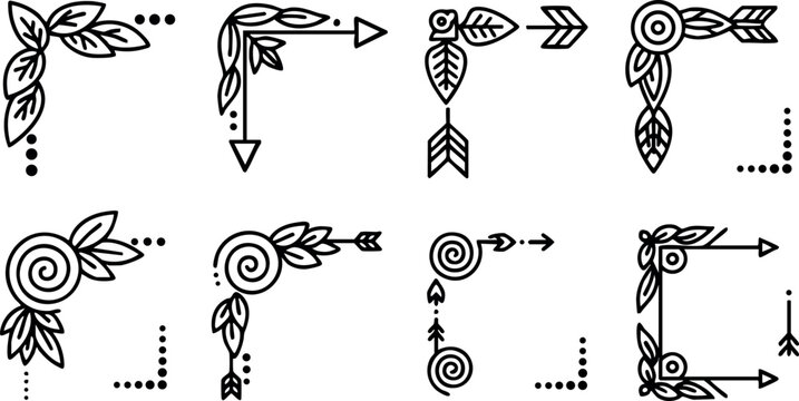 Decorative floral corner arrows vector set with leaves and spiral elements for design and artistic projects