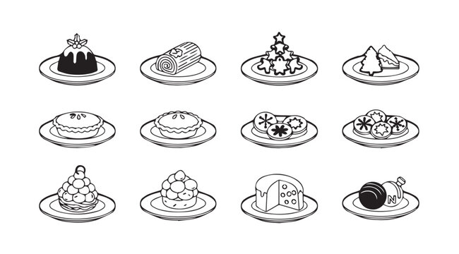 Collection of twelve delicious desserts and pastries presented as stylized line art silhouette