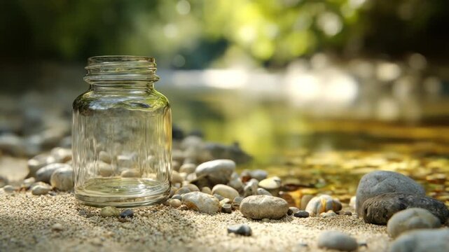 A glass jar is placed on pebbles, with a stream and forest in the background and a hand above it
