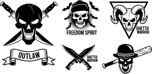 Pirate skulls with crossed knives and baseball bat outlaw freedom spirit ghetto warrior vector design set
