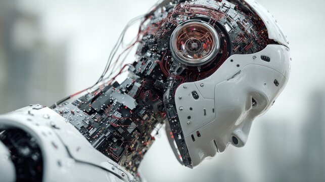 Futuristic humanoid robot head concept with exposed inner workings detail