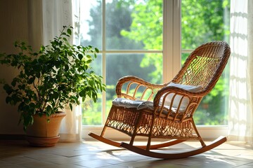 Sunny relaxation area with a wicker rocking chair by the window