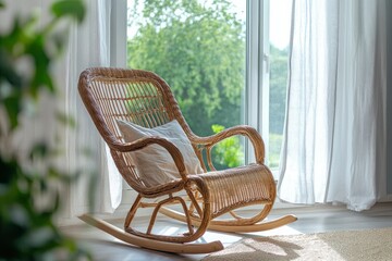 Stylish home relaxation area with a wicker rocking chair by the window