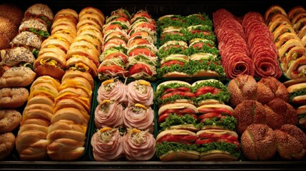 Abundant display of prepared sandwiches and deli meats arranged neatly in refrigerated cases