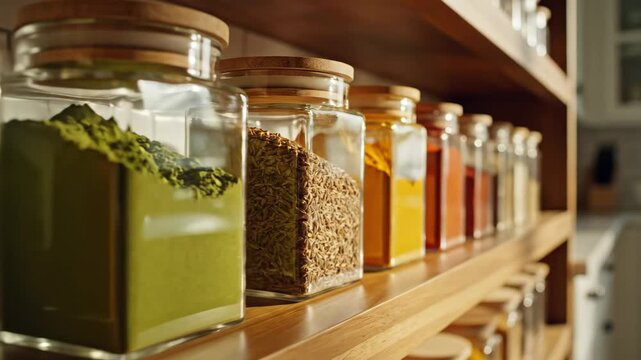 Row of various colorful spices and herbs stored in airtight glass jars with wooden lids, neatly organized on a wooden pantry shelf in a modern kitchen