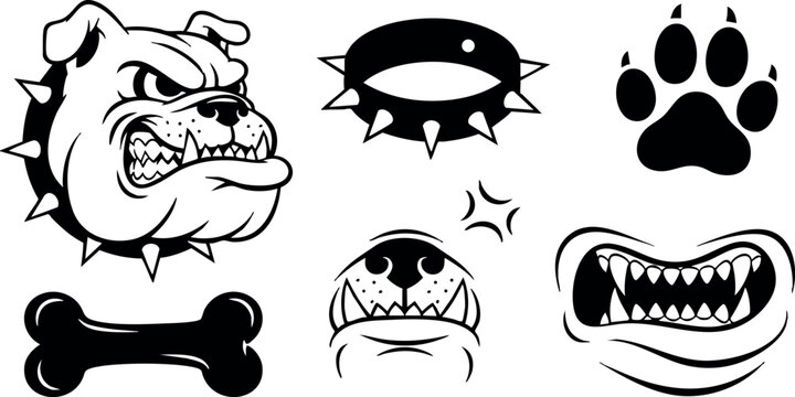 Aggressive bulldog head with spiked collar and fierce dog paw print vector icons set