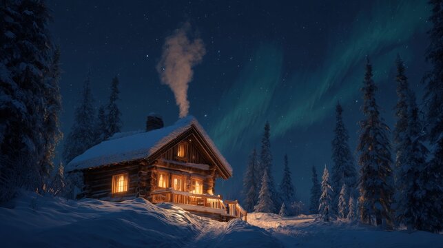 Cozy wooden cabin in snowy landscape at night under the northern lights