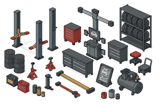 Essential automotive service tools and machinery collection for a modern vehicle repair garage