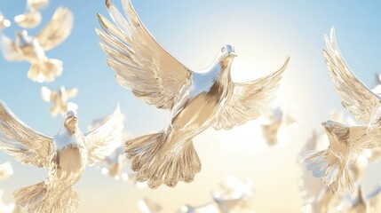 A gleaming metallic sculpture of a dove soaring with wings outstretched against a bright sky