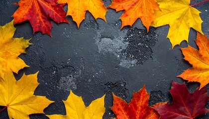 Vibrant autumn leaves of yellow, red and orange arranged around a textured, dark gray surface. Overhead, flat composition