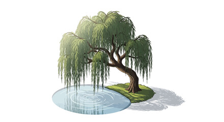 Enchanting willow tree scene with serene pond water reflections cartoon