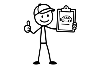 Smiling stick figure service worker wearing a cap holding an automobile inspection clipboard and giving a positive thumbs up