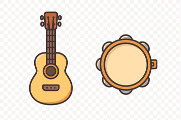 Set of musical instruments featuring a small acoustic guitar and a handheld percussion drum © Andrei
