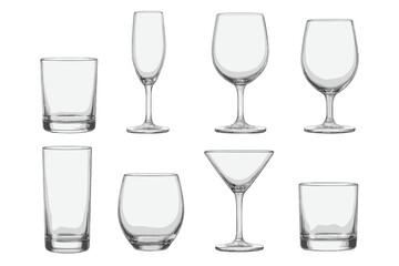 Eight empty clear glass drinkware collection including wine glasses, tumblers, and cocktail glasses