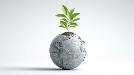 Small plant growing on top of a globe against a plain white background
