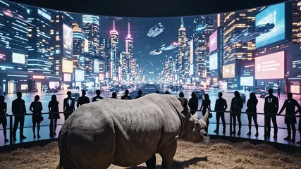 Rhinoceros resting in an indoor exhibit with people observing an immersive digital screen displaying a vivid cyberpunk city at night with flying vehicles - Powered by Adobe
