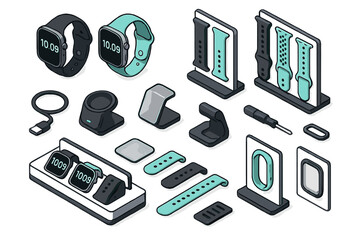Modern wearable technology accessories collection: smartwatches, straps, charging docks