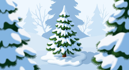 Scenic winter forest landscape with snow-covered pine trees drawing art