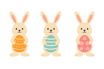 Adorable Easter bunnies holding colorful decorated eggs for spring holiday celebration