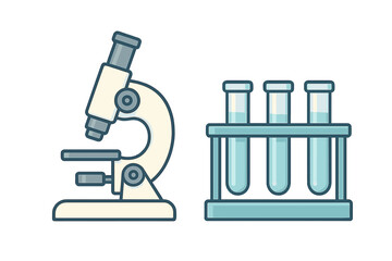 Laboratory microscope and test tubes in a rack for scientific research and chemistry experiments