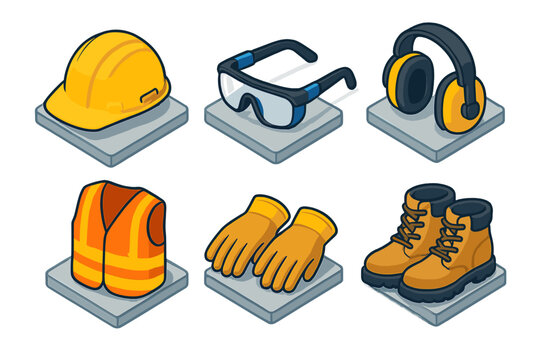 Essential Personal Protective Equipment set including hard hat safety glasses ear protection high visibility vest and work boots