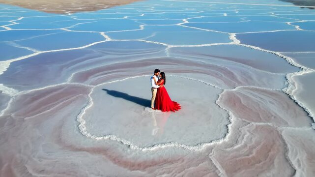 Young couple embracing during a pre-wedding photoshoot on patterned salt flats, standing in a vast, blue, and pink shallow saline lake with clear skies