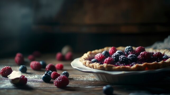 Homemade pie filled with fresh berries and blueberries on a rustic wooden table