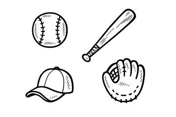 Set of baseball accessories including a ball, batting glove, wooden bat, and cap
