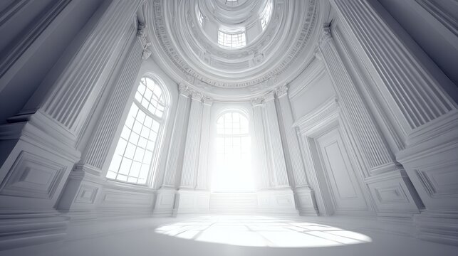 Ornate interior architecture features towering columns and brilliant natural light streaming through arched windows - Powered by Adobe