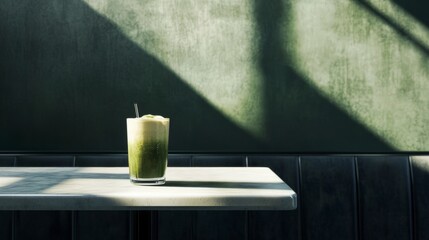 Glass of green smoothie placed on wooden table with natural lighting and fresh ingredients nearby