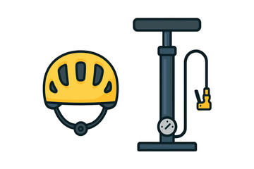 Bright yellow bicycle helmet and tall floor air pump isolated on white background