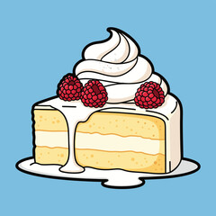 A delicious slice of vanilla cake with creamy white frosting, whipped cream, and fresh red raspberries on a light blue background.