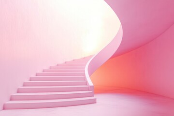 Obraz premium Pink staircase leading upwards towards a bright light in a minimalist setting