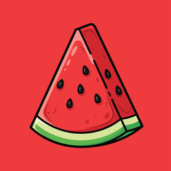 A vibrant cartoon illustration of a triangular watermelon slice with black seeds and a green rind on a solid red background.