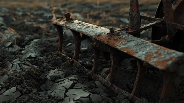 An abandoned rusted plowshare sits in a dry cracked field of soil its metal weathered and textured