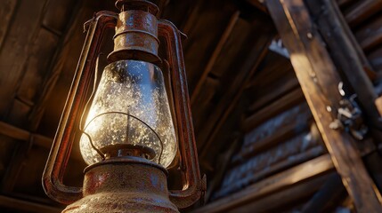 An old dusty oil lantern hanging inside a rustic wooden structure