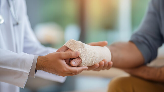 Asian doctor checking splint leg support defocused senior patient, faceless orthopedic treatment, physiotherapy visualization detail, blurred clinic background, trauma care concept