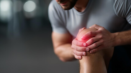 Naklejka premium Athlete knee with red pain indicator defocused inflammation, faceless sports injury, workout visualization detail, blurred pain background, rigorous exercise concept, medical inter