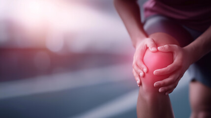 Athlete knee with red pain indicator defocused inflammation, faceless sports injury, workout visualization detail, blurred pain background, rigorous exercise concept, medical inter