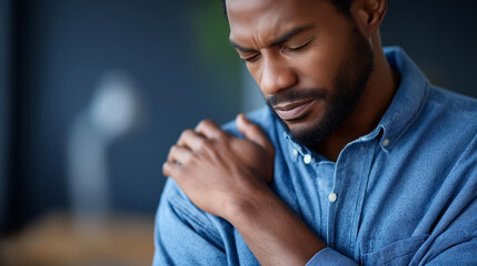 Fototapeta premium Black man holding shoulder expressing pain defocused background, faceless discomfort moment, injury visualization detail, blurred setting, health concept, medical interface, physic