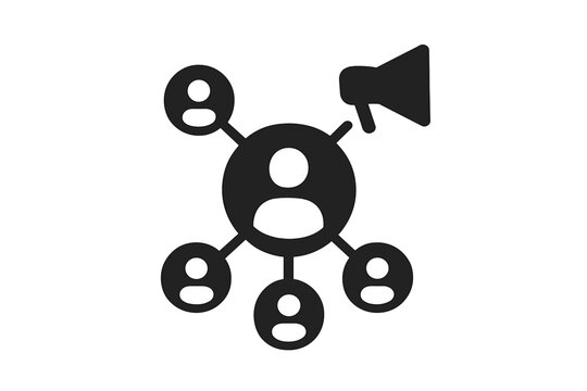 Central user connected to a network of people with a megaphone for influence