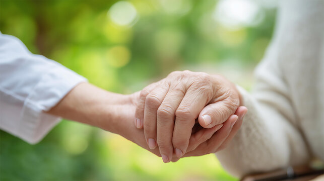 Outdoor caregiver with old woman walker defocused park, faceless elderly support, rehabilitation visualization detail, blurred nature background, trust concept, physical therapy in - Powered by Adobe