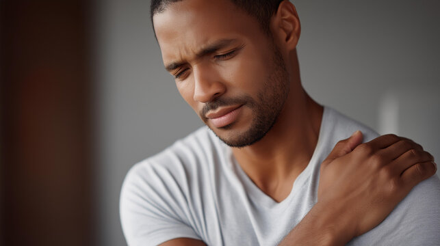 Black man holding shoulder expressing pain defocused background, faceless discomfort moment, injury visualization detail, blurred setting, health concept, medical interface, physic