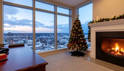Naklejka premium Cozy Christmas Office with Fireplace and Decorated Tree Overlooking Snowy City View
