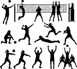 Black Silhouette of 12 Dynamic Volleyball Moves – High Detail Sports Action on White Background