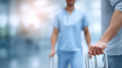 Physical therapist assisting man with prosthetic defocused crutches, faceless rehabilitation session, mobility visualization detail, blurred bright clinic, prosthetic concept, ther