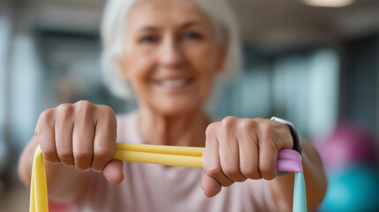 Elderly female doing elastic band exercise defocused coach, faceless senior fitness, rehabilitation visualization detail, blurred training background, therapy concept, exercise int